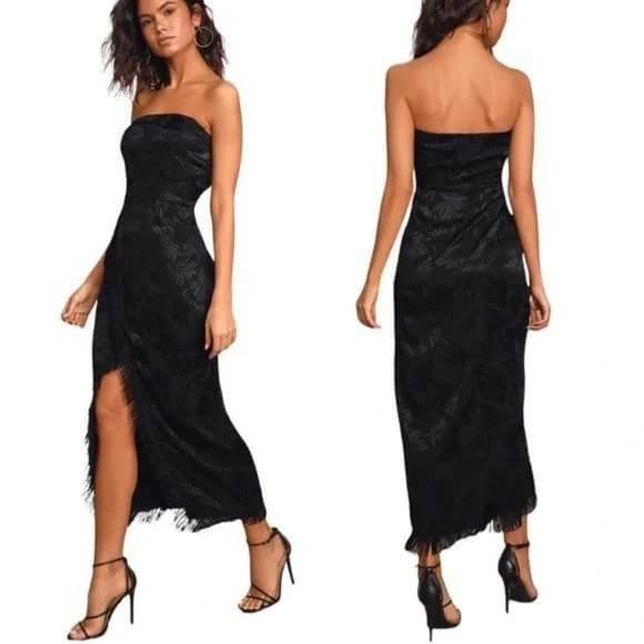 Lulus Ignite My Love Black Floral Embossed Strapless Fringe Midi Dress L - Picture 4 of 12